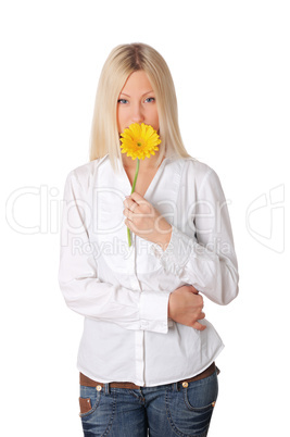 Young smiling blonde in a white shirt