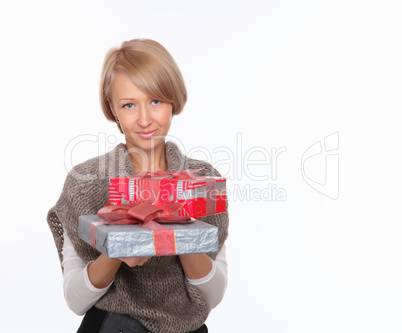 a young pretty woman with a  present