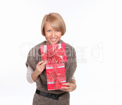 a young pretty woman with a  present