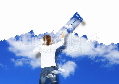 Young man with paint brush and nature landscape