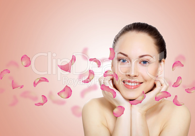 Young woman with flowers on background