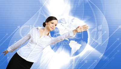 Woman in business wear with technology background