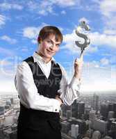 Young businessman with money symbols