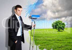 Young businessman and nature background