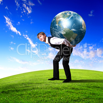 Young businessman carrying world