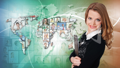 Young woman against world map background