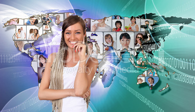 Young woman against world map background