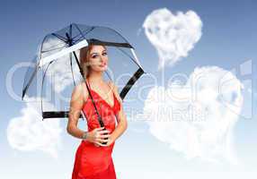 Pretty young woman with umbrella and hearts