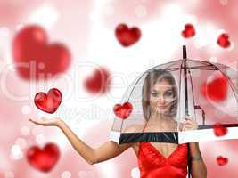 Pretty young woman with umbrella and hearts