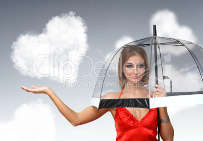 Pretty young woman with umbrella and hearts