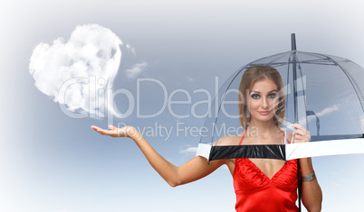 Pretty young woman with umbrella and hearts