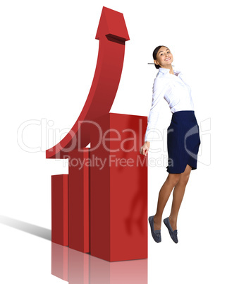 Young woman jumping against financial charts