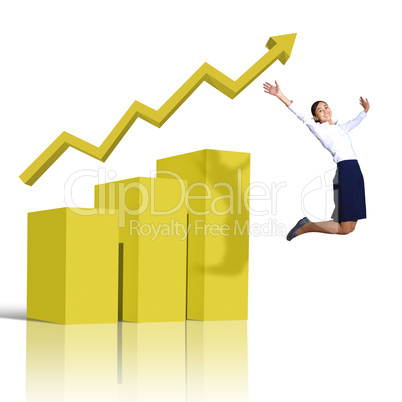 Young woman jumping against financial charts