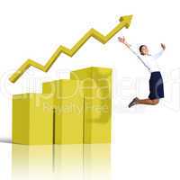 Young woman jumping against financial charts