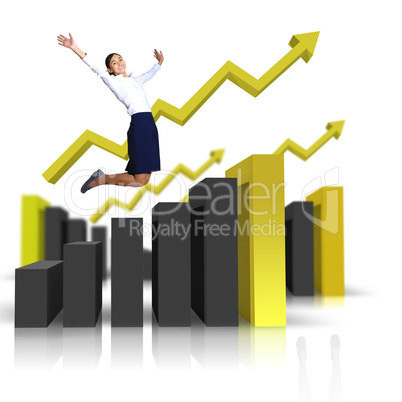 Young woman jumping against financial charts