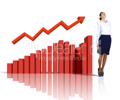 Young woman jumping against financial charts