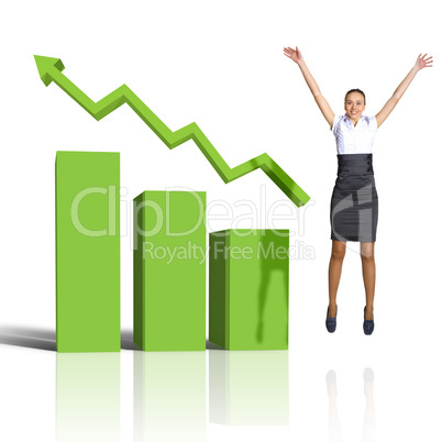 Young woman jumping against financial charts