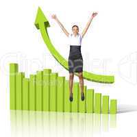 Young woman jumping against financial charts