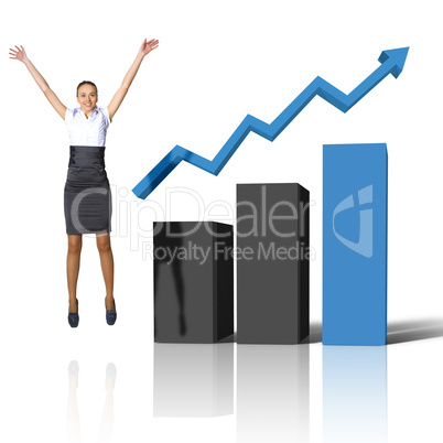 Young woman jumping against financial charts