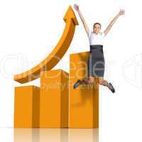 Young woman jumping against financial charts