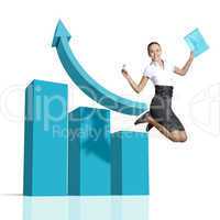 Young woman jumping against financial charts