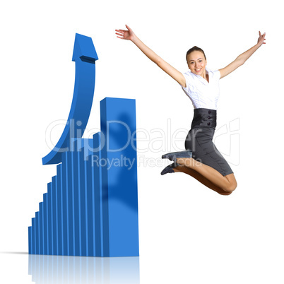 Young woman jumping against financial charts