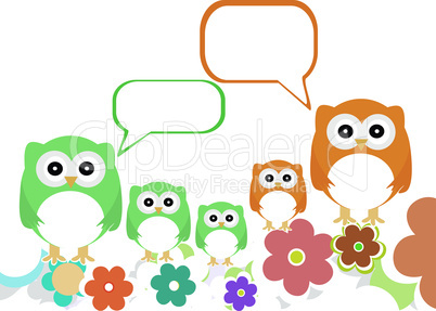 owl family with flowers and speech bubbles