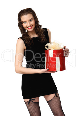 Woman in black dress with a gift box