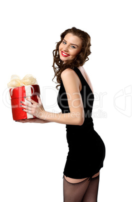 Woman in black dress with a gift box