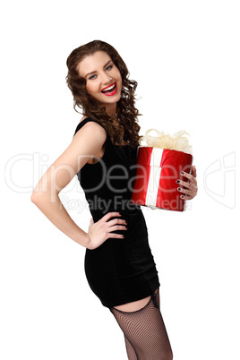 Woman in black dress with a gift box