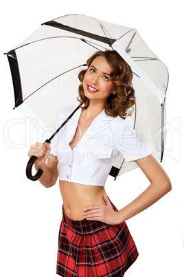 Woman dressed in retro style with umbrella