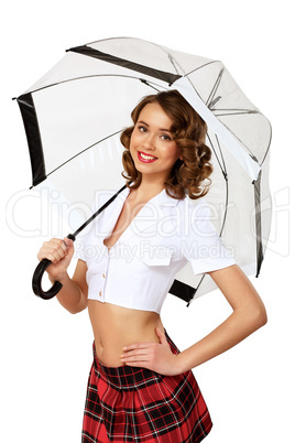 Woman dressed in retro style with umbrella