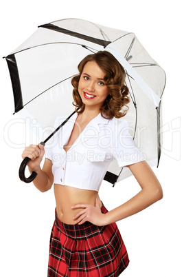 Woman dressed in retro style with umbrella