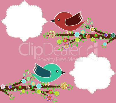two birds in the trees with speech bubbles on tree branch