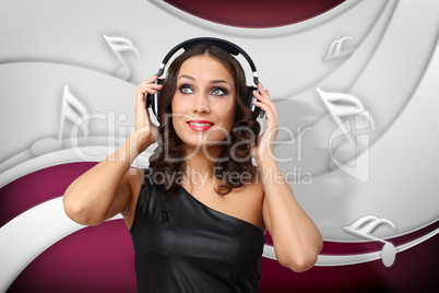 Young woman in evening dress with headphones