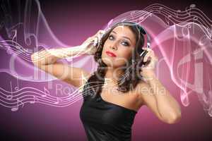 Young woman in evening dress with headphones