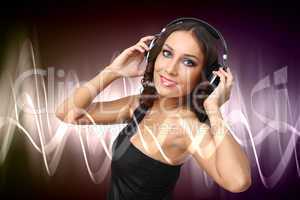 Young woman in evening dress with headphones