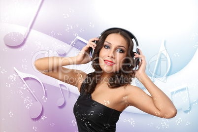 Young woman in evening dress with headphones