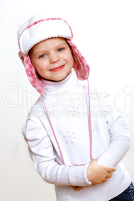 Kid in winter wear against white background