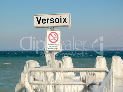 Versoix pontoon by winter, Switzerland