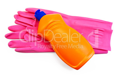Bottle of orange with pink rubber gloves
