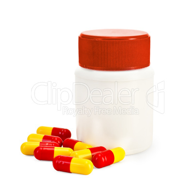 Capsule red and yellow with a jar