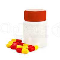 Capsule red and yellow with a jar