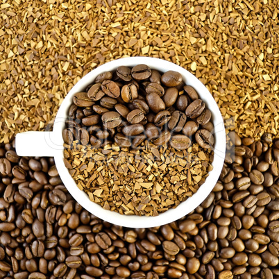 Coffee beans and grains in a white cup