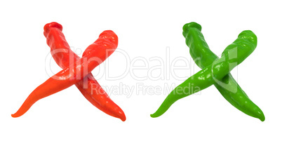 Letter X composed of green and red chili peppers