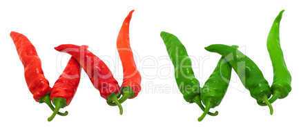 Letter W composed of green and red chili peppers
