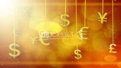 shiny currency signs dangling on strings loop background