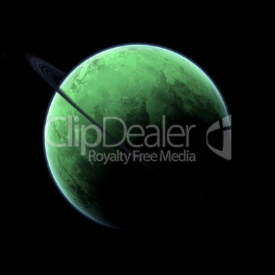 Green planet in outerspace with a ring