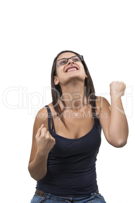 Woman enjoying success with clenched fists with glasses
