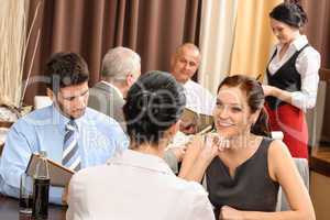 Business lunch executive women discuss restaurant